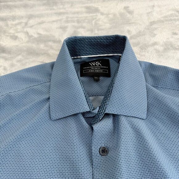 WRK Shirt Mens 15.5 Blue Geometric Button Up Flip Cuff 4-Way Stretch Party Club - Picture 3 of 12